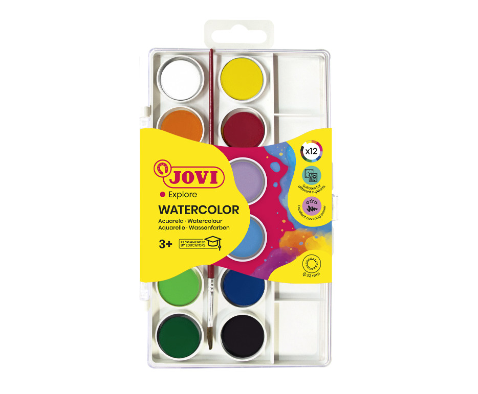 Jovi Acuarelas Estuche 12 pastillas acuarelas 22 mm colores surtidos + pincel